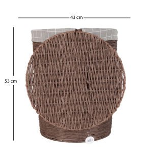 Yuvarlak Sweethome Kapaklı Hasır Çamaşır Sepeti (Gri Kare Kumaş İçli) Kahverengi 43 X 53 X 43 Cm