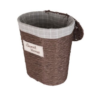 Oval Sweethome Kapaklı Hasır Çamaşır Sepeti (Gri Kare Kumaş İçli) Kahverengi 42 X 48 X 30 Cm