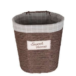 Oval Sweethome Kapaklı Hasır Çamaşır Sepeti (Gri Kare Kumaş İçli) Kahverengi 42 X 48 X 30 Cm