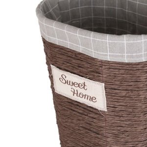 Oval Sweethome Kapaklı Hasır Çamaşır Sepeti (Gri Kare Kumaş İçli) Kahverengi 42 X 48 X 30 Cm
