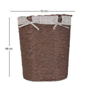 Oval Sweethome Kapaklı Hasır Çamaşır Sepeti (Gri Kare Kumaş İçli) Kahverengi 42 X 48 X 30 Cm