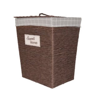 Dikdörtgen Sweethome Kapaklı Hasır Çamaşır Sepeti (Gri Kare Kumaş İçli) Kahverengi 45 X 53 X 35 Cm