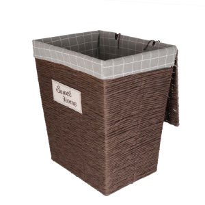 Dikdörtgen Sweethome Kapaklı Hasır Çamaşır Sepeti (Gri Kare Kumaş İçli) Kahverengi 45 X 53 X 35 Cm