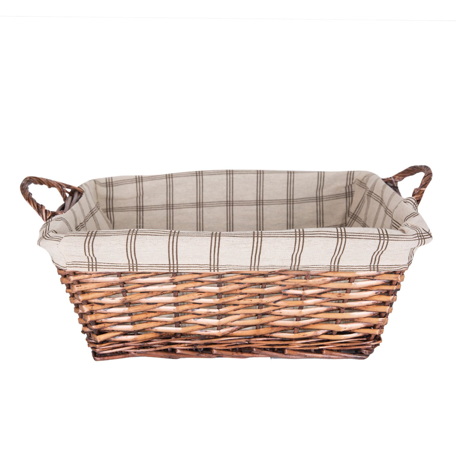 Hasır Sepet, Dikdörtgen, Kulplu, Kahverengi - Krem Renk Kare Kumaş İçli, 44 x 18 x 32 cm