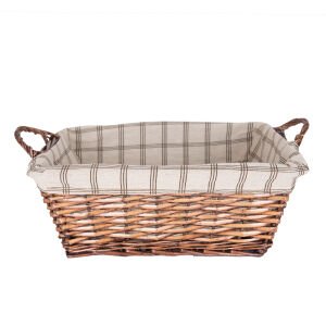 Dikdörtgen Kulplu Hasır Sepet (Krem Renk Kare Kumaş İçli) Kahverengi  44 X 18 X 32 Cm