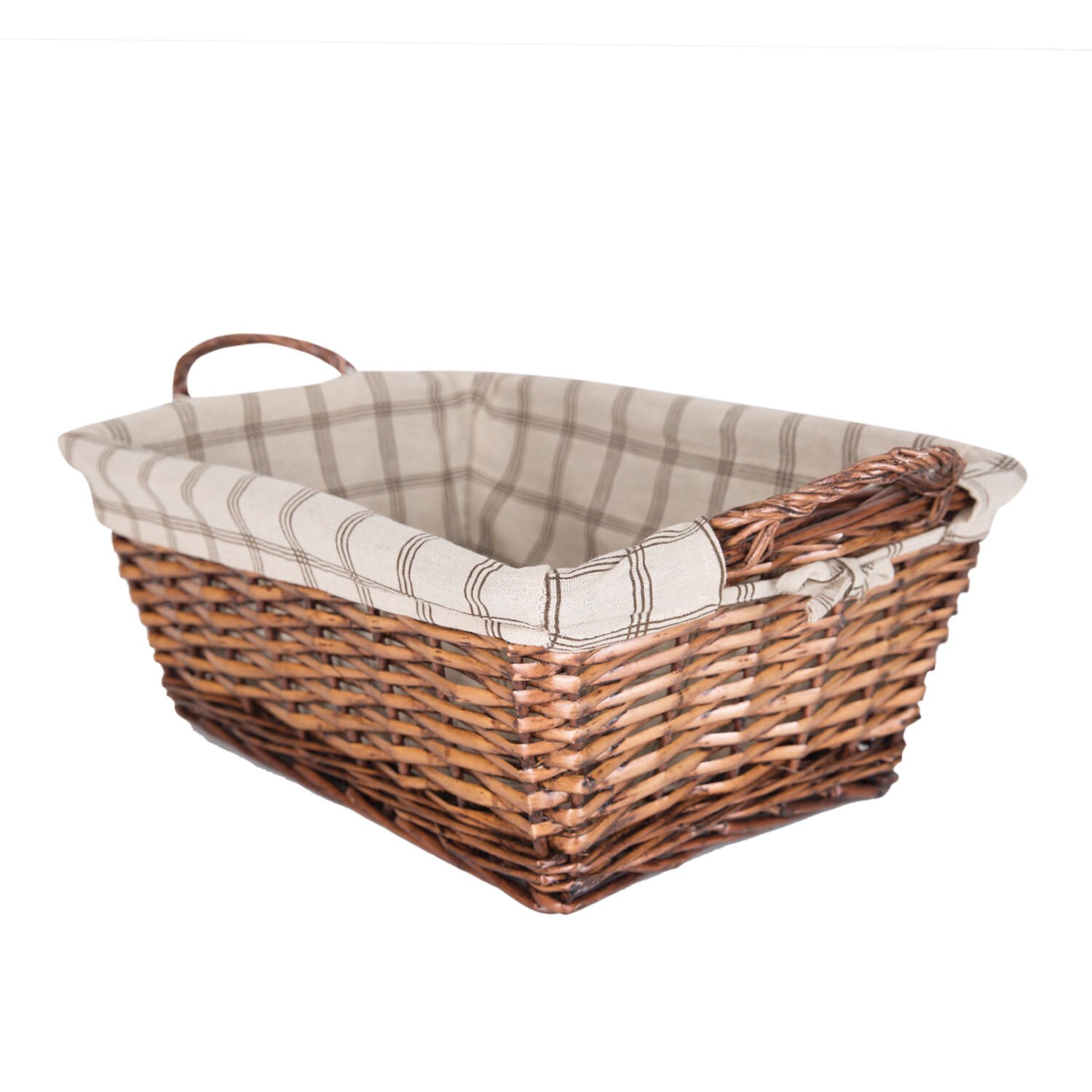 Hasır Sepet, Dikdörtgen, Kulplu, Kahverengi - Krem Renk Kare Kumaş İçli, 44 x 18 x 32 cm