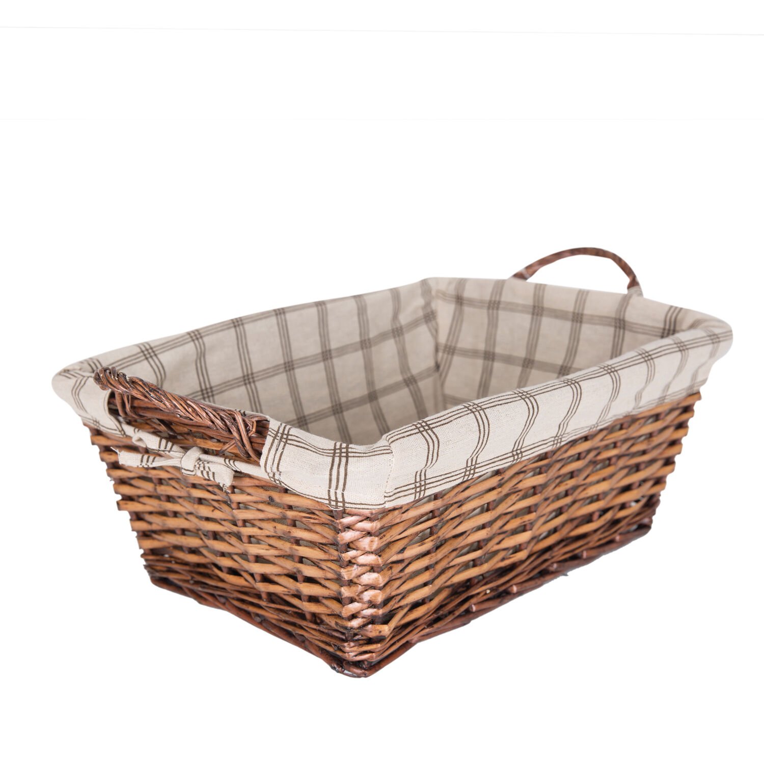 Hasır Sepet, Dikdörtgen, Kulplu, Kahverengi - Krem Renk Kare Kumaş İçli, 44 x 18 x 32 cm