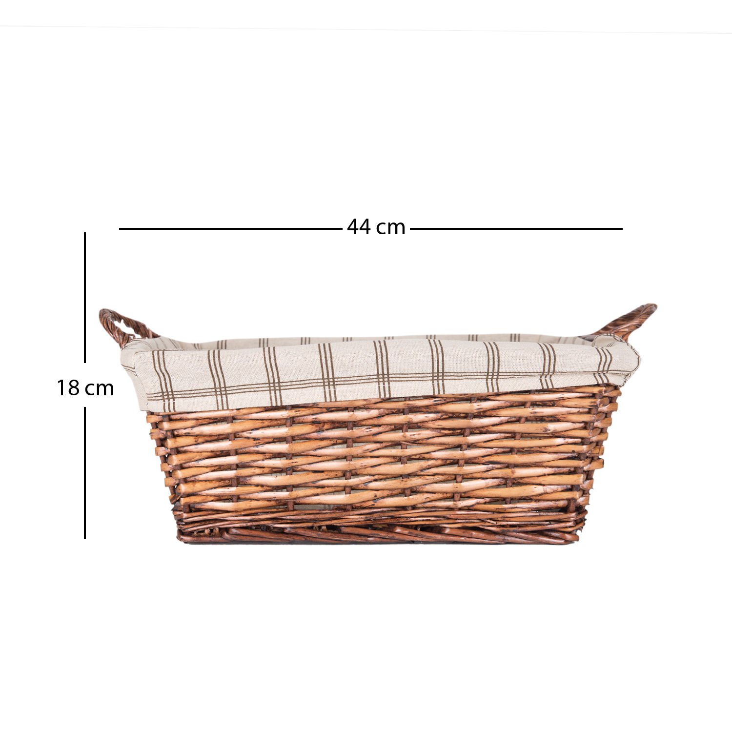 Hasır Sepet, Dikdörtgen, Kulplu, Kahverengi - Krem Renk Kare Kumaş İçli, 44 x 18 x 32 cm