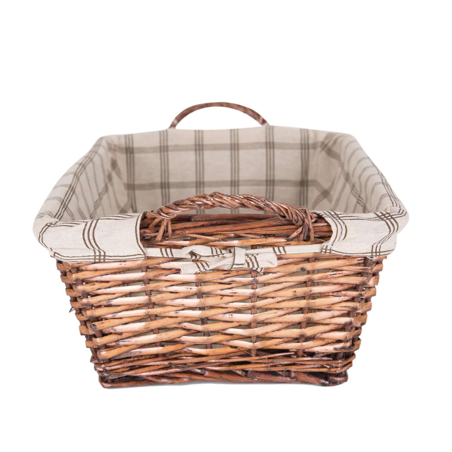 Hasır Sepet, Dikdörtgen, Kulplu, Kahverengi - Krem Renk Kare Kumaş İçli, 44 x 18 x 32 cm