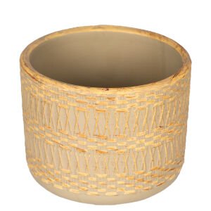 Seramik Saksı Otantik Kabartma Desenli Sarı-Bej 10x8 Cm.