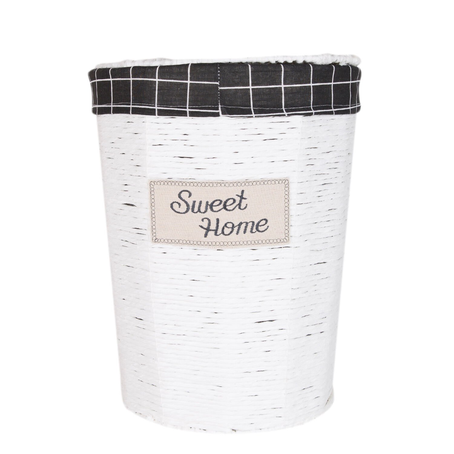 Yuvarlak Sweethome Kapaklı Hasır Çamaşır Sepeti (Siyah Kare Kumaş İçli) Beyaz 37 X 48 X 37 Cm