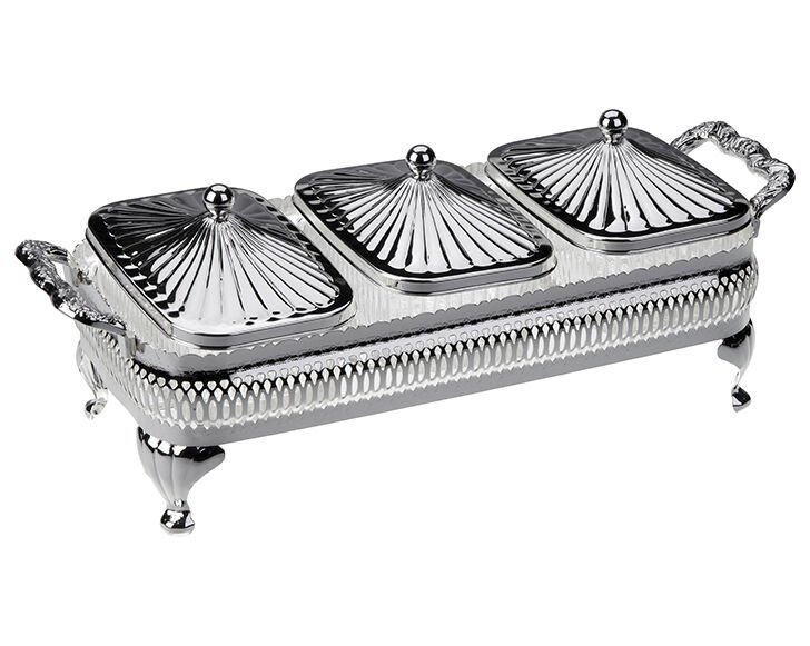 Gümüş-cam 3lü Sunum Tepsili Kapaklı Kase Set 32x11