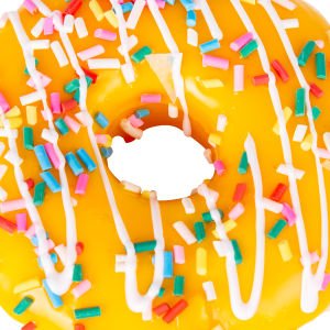 Yapay Donut Muzlu Üstü Renkli Granül Şekerli Sarı 10x4 Cm.