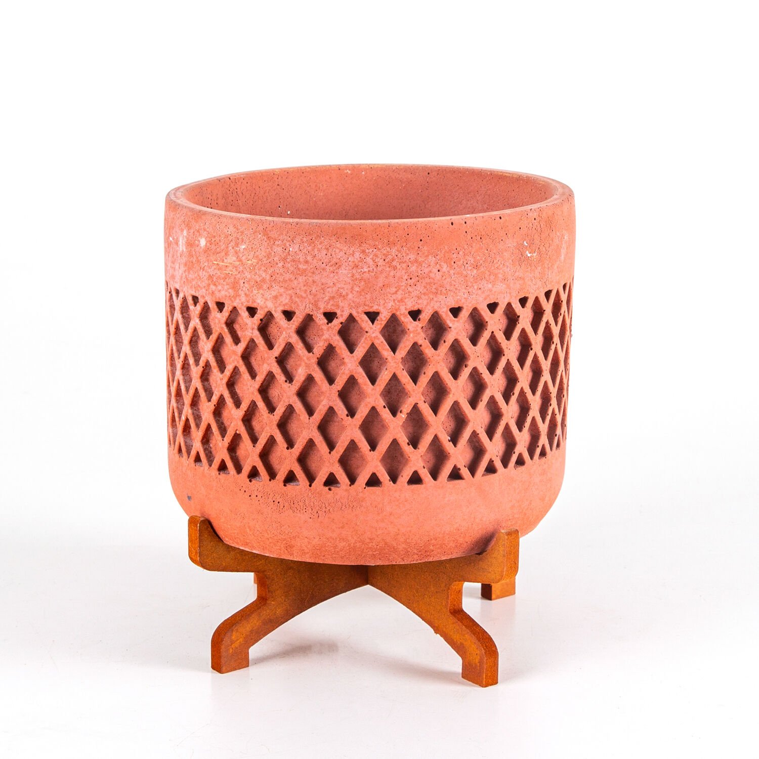 Beton Saksı, Hasır Desen, Stand Ayaklı, Büyük Boy, Taba Renk - 18x21 cm