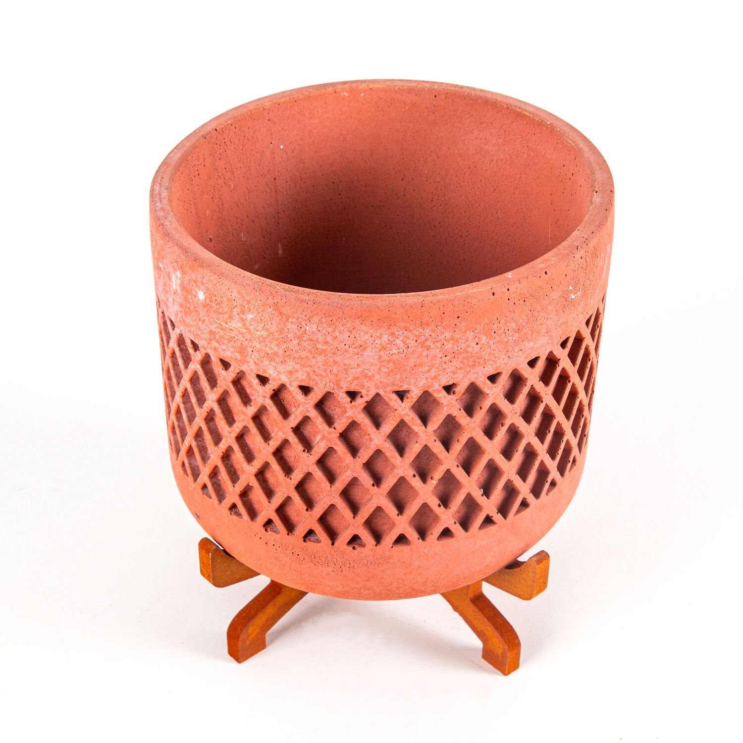 Beton Saksı, Hasır Desen, Stand Ayaklı, Büyük Boy, Taba Renk - 18x21 cm