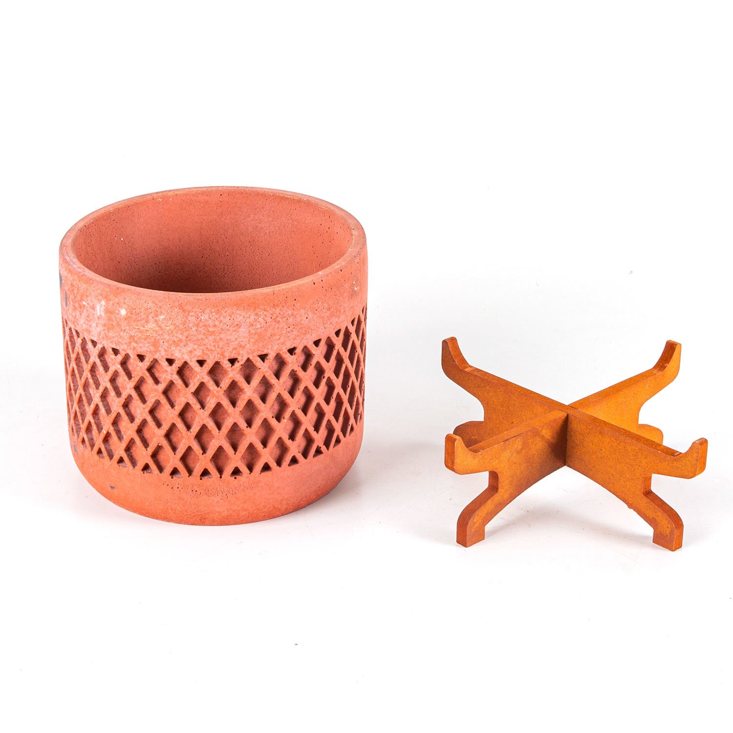 Beton Saksı, Hasır Desen, Stand Ayaklı, Büyük Boy, Taba Renk - 18x21 cm