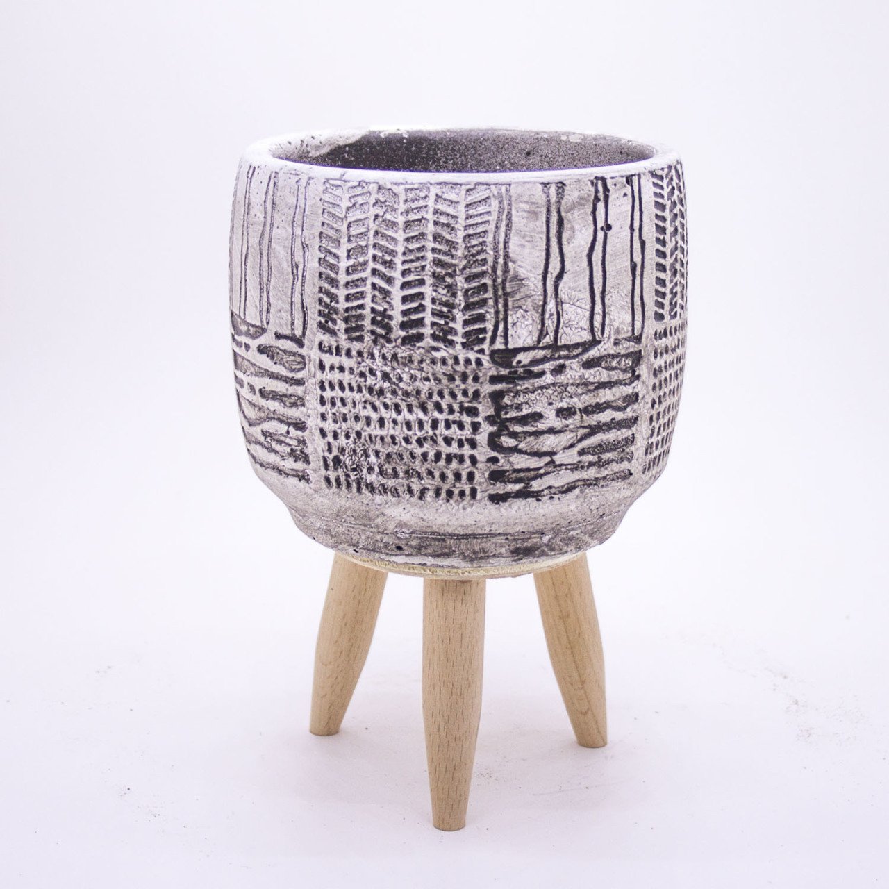 Veramaya Antik Desenli Ayaklı Beyaz Eskitme Beton Saksı 12,5x18,5 Cm