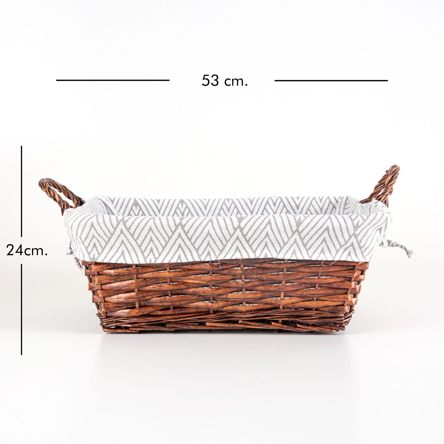 Hasır Sepet, Dikdörtgen, Kumaş İçli, Kulplu, El Örmesi, Kahverengi - 53x24 cm