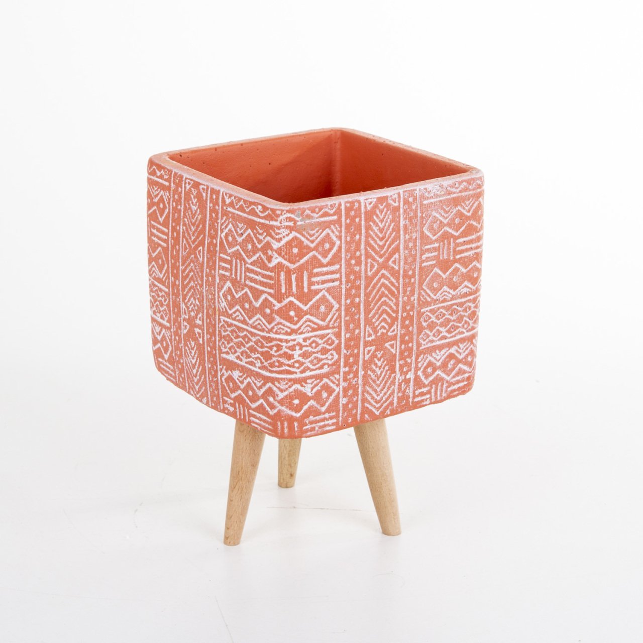 Veramaya Ayaklı Etnik Desenli Kiremit Renk Kare Beton Saksı 13x19 Cm