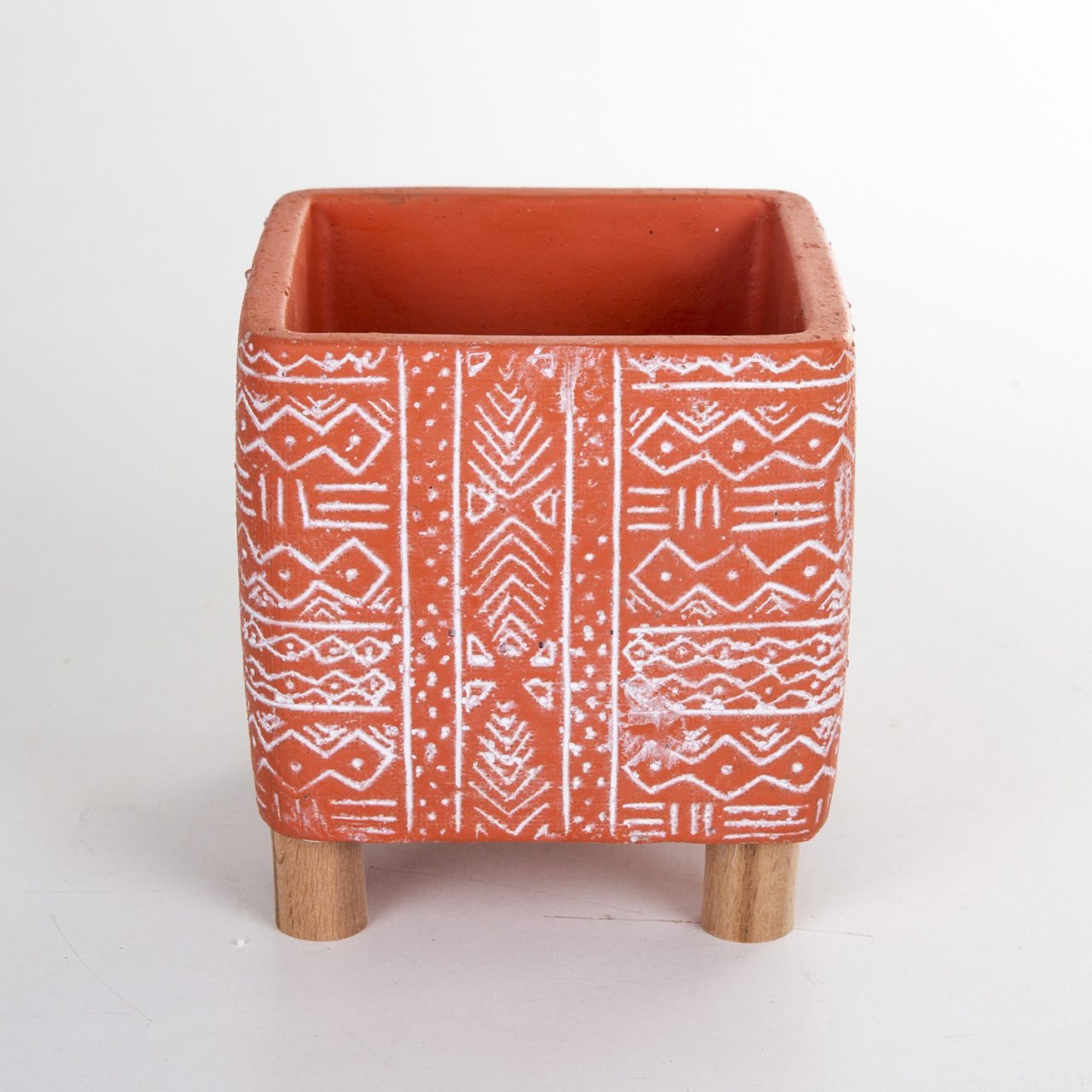 Veramaya Ayaklı Etnik Desenli Kiremit Renk Kare Beton Saksı 13x14 Cm