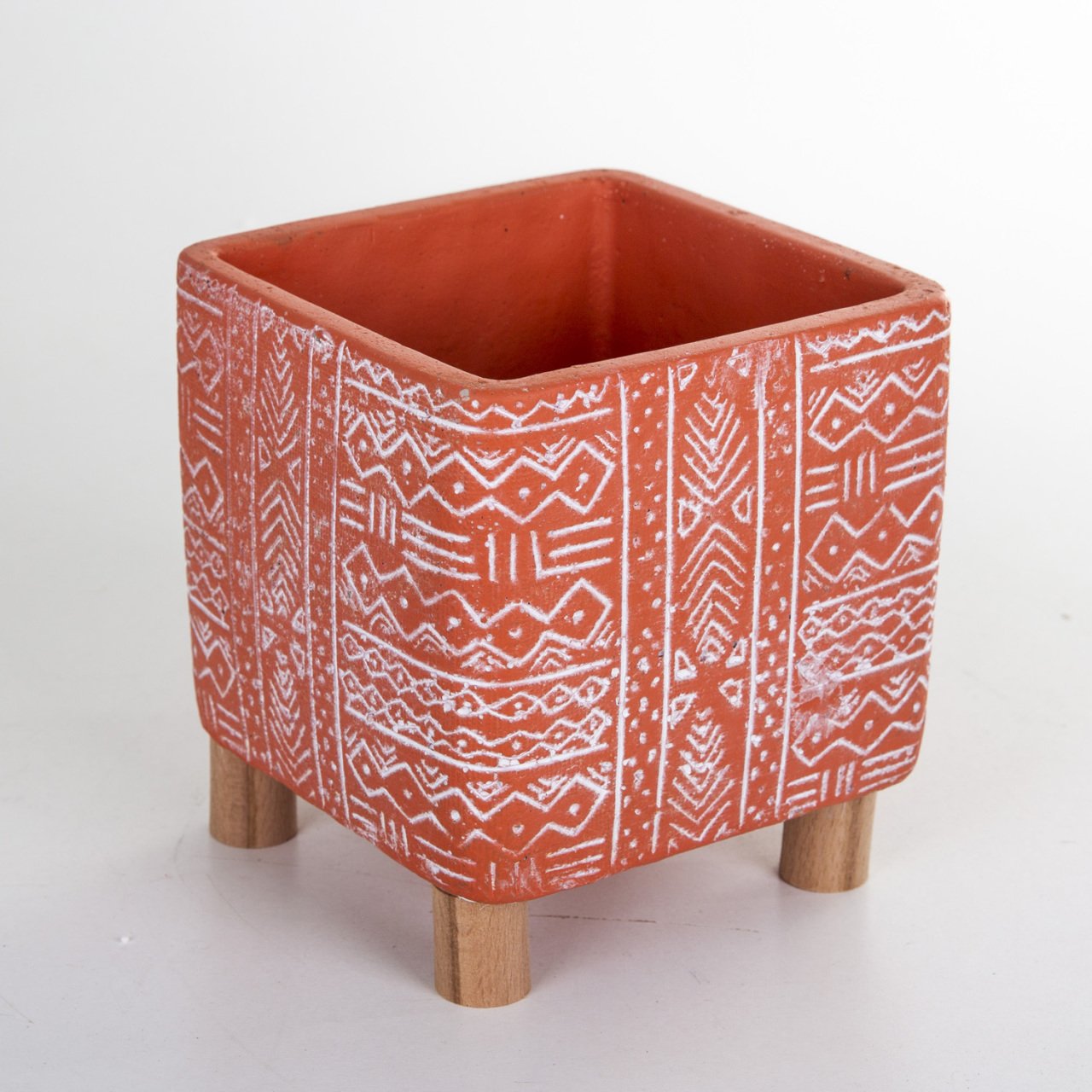 Veramaya Ayaklı Etnik Desenli Kiremit Renk Kare Beton Saksı 13x14 Cm