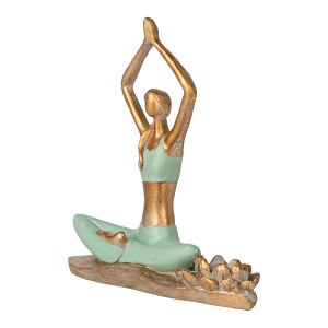 Biblo Yaprak Zemin Üzerinde Eller Havada Yoga Yapan Kadın Gold-Yeşil 20x17x9 Cm.
