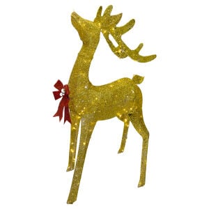 Yılbaşı Süsü, Geyik, Gold - Metal, Işıklı, Kırmızı Fiyonklu 80*25*160 cm