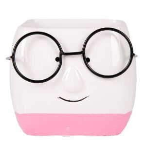 Seramik Saksı Gözlüklü Beyaz-Pembe 7x7 Cm.