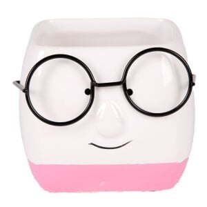 Seramik Saksı Gözlüklü Beyaz-Pembe 7x7 Cm.