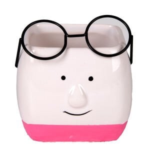 Seramik Saksı Gözlüklü Beyaz-Pembe 7x7 Cm.
