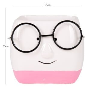 Seramik Saksı Gözlüklü Beyaz-Pembe 7x7 Cm.