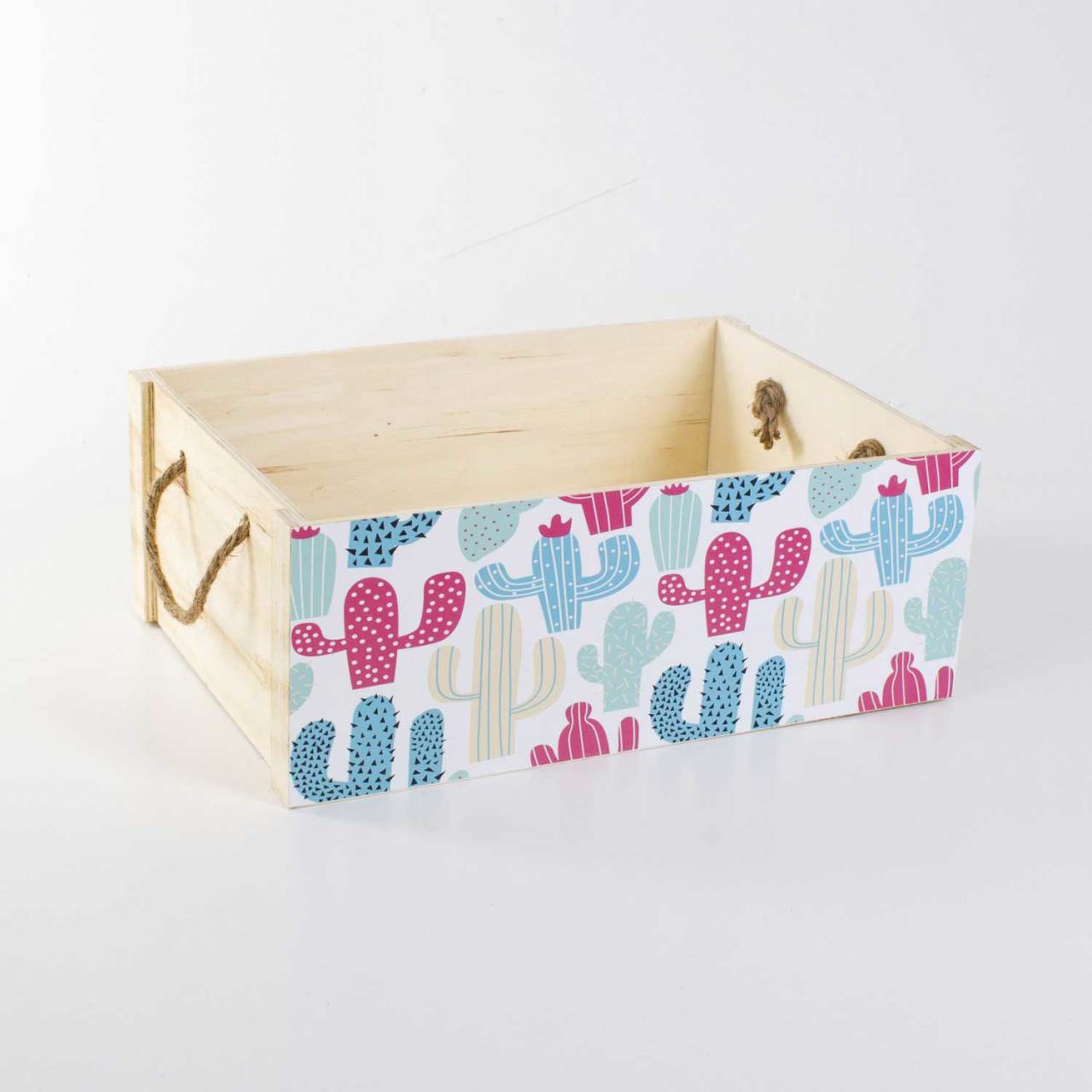 Renkli Kaktüs Desenli Ahşap Kasa 40x28x15 Cm
