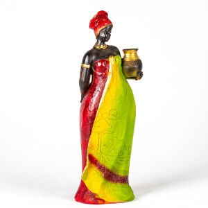 Otantik Vazo Taşıyan Afrikalı Kadın Bordo-Yeşil 11x38x11 Cm.