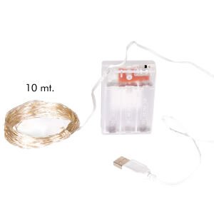 Yılbaşı Led-Peri Işık, Beyaz Işık - 100 Ledli, USB Girişli, Pilli, Şeffaf Kablo, 10 Metre