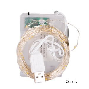 Yılbaşı Led-Peri Işık, Gün Işığı - 100 Ledli, USB Girişli, Pilli, Şeffaf Kablo, 10 Metre