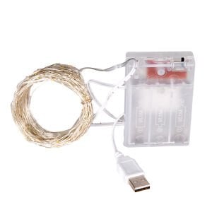 Yılbaşı Led-Peri Işık, Gün Işığı - 50 Ledli, USB Girişli, Pilli, Şeffaf Kablo, 5 Metre