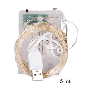 Yılbaşı Led-Peri Işık, Gün Işığı - 50 Ledli, USB Girişli, Pilli, Şeffaf Kablo, 5 Metre