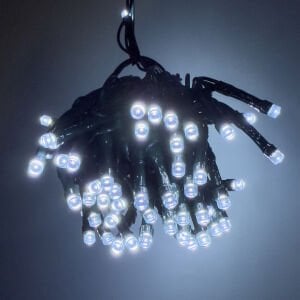 Yılbaşı Led Işık, Beyaz Işık - 100 Ledli, USB Girişli, Pilli, Yeşil Kablo, 10 Metre