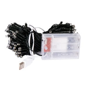 Yılbaşı Led Işık, Beyaz Işık - 100 Ledli, USB Girişli, Pilli, Yeşil Kablo, 10 Metre