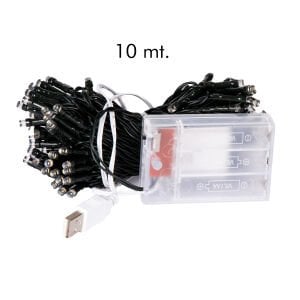 Yılbaşı Led Işık, Beyaz Işık - 100 Ledli, USB Girişli, Pilli, Yeşil Kablo, 10 Metre
