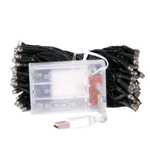Yılbaşı Led Işık, Gün Işığı - 100 Ledli, USB Girişli, Pilli, Yeşil Kablo, 10 Metre