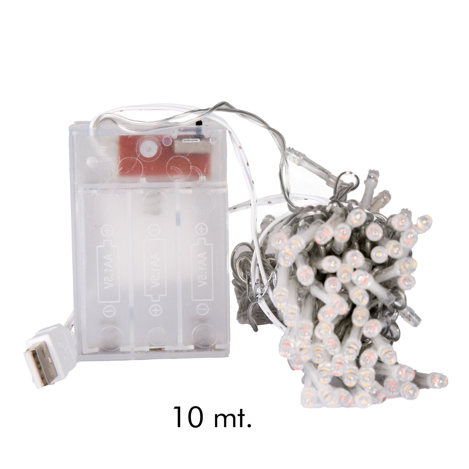 Yılbaşı Led Işık, MultiColor - 100 Ledli, USB Girişli, Pilli, Şeffaf Kablo, 10 Metre