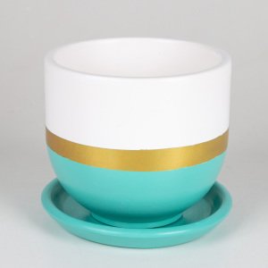 El Yapımı Tabaklı Delikli Beton Saksı Turkuaz Beyaz 15x13 Cm