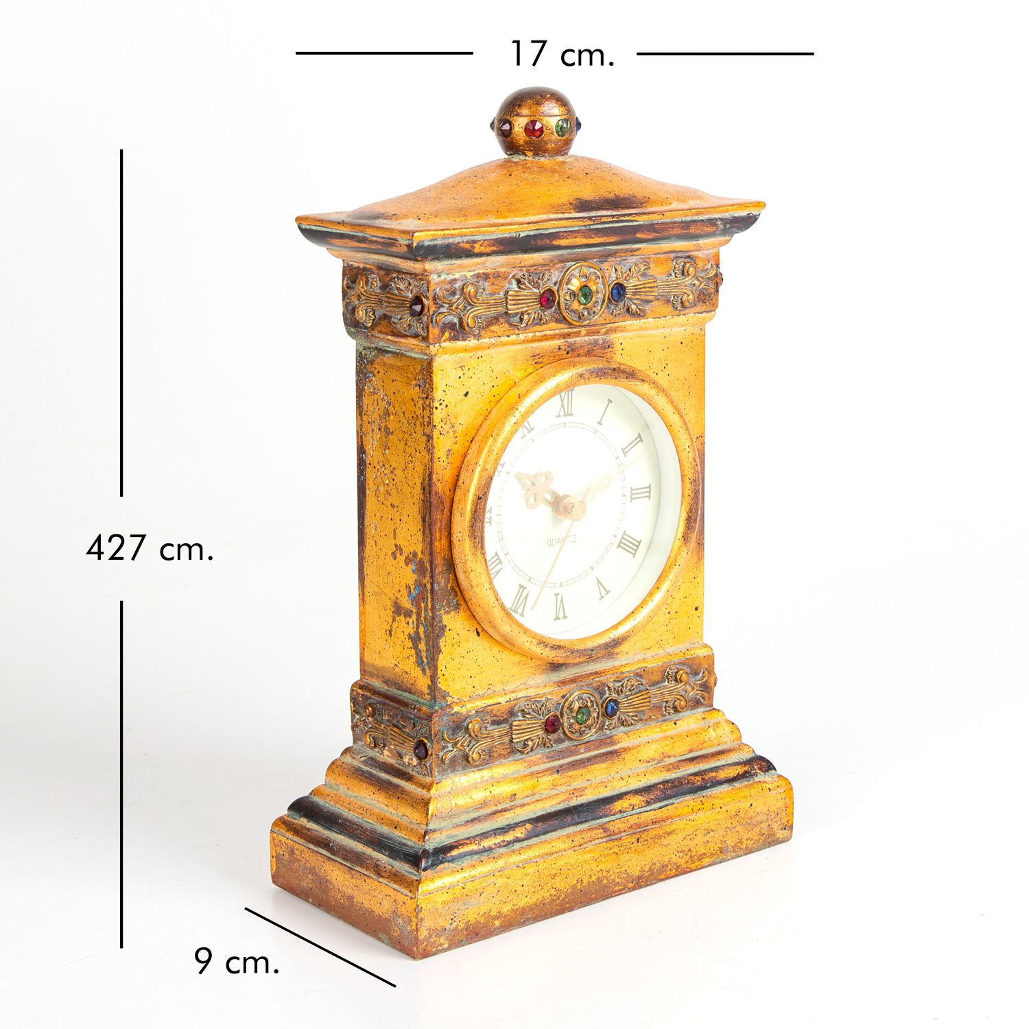 Barok Saat, Altın Varaklı, Taşlı İşlemeli, Altın Renk - 17x27x9 cm