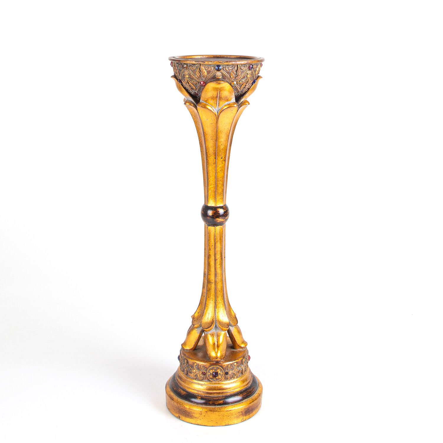 Altın Varaklı Taş İşlemeli Metal Şamdan Gümüş Renk 17 x 62 x 17 Cm.