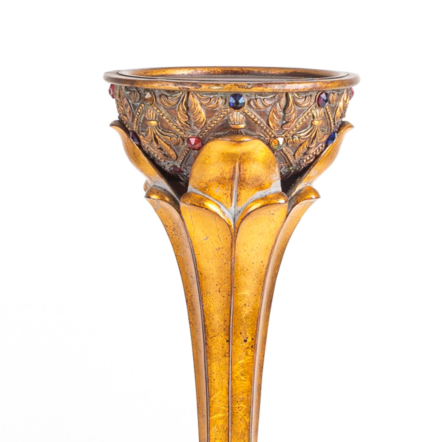 Metal Şamdan, Altın Varaklı, Taş İşlemeli, Gümüş Renk - 17x62x17 cm