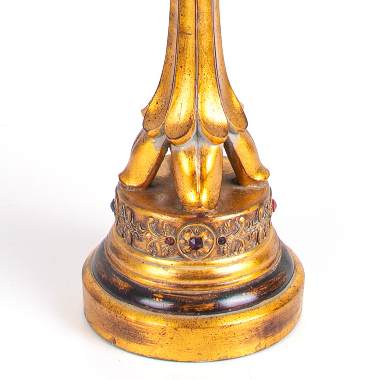 Metal Şamdan, Altın Varaklı, Taş İşlemeli, Gümüş Renk - 17x62x17 cm