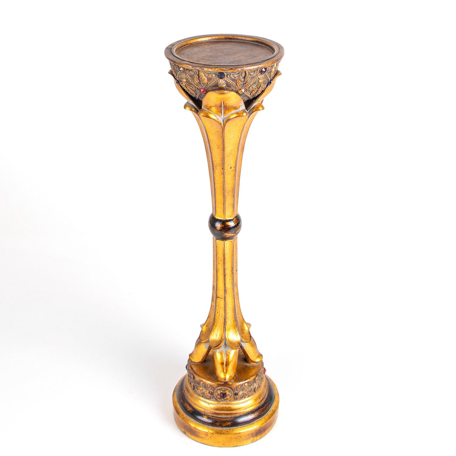 Metal Şamdan, Altın Varaklı, Taş İşlemeli, Gümüş Renk - 17x62x17 cm