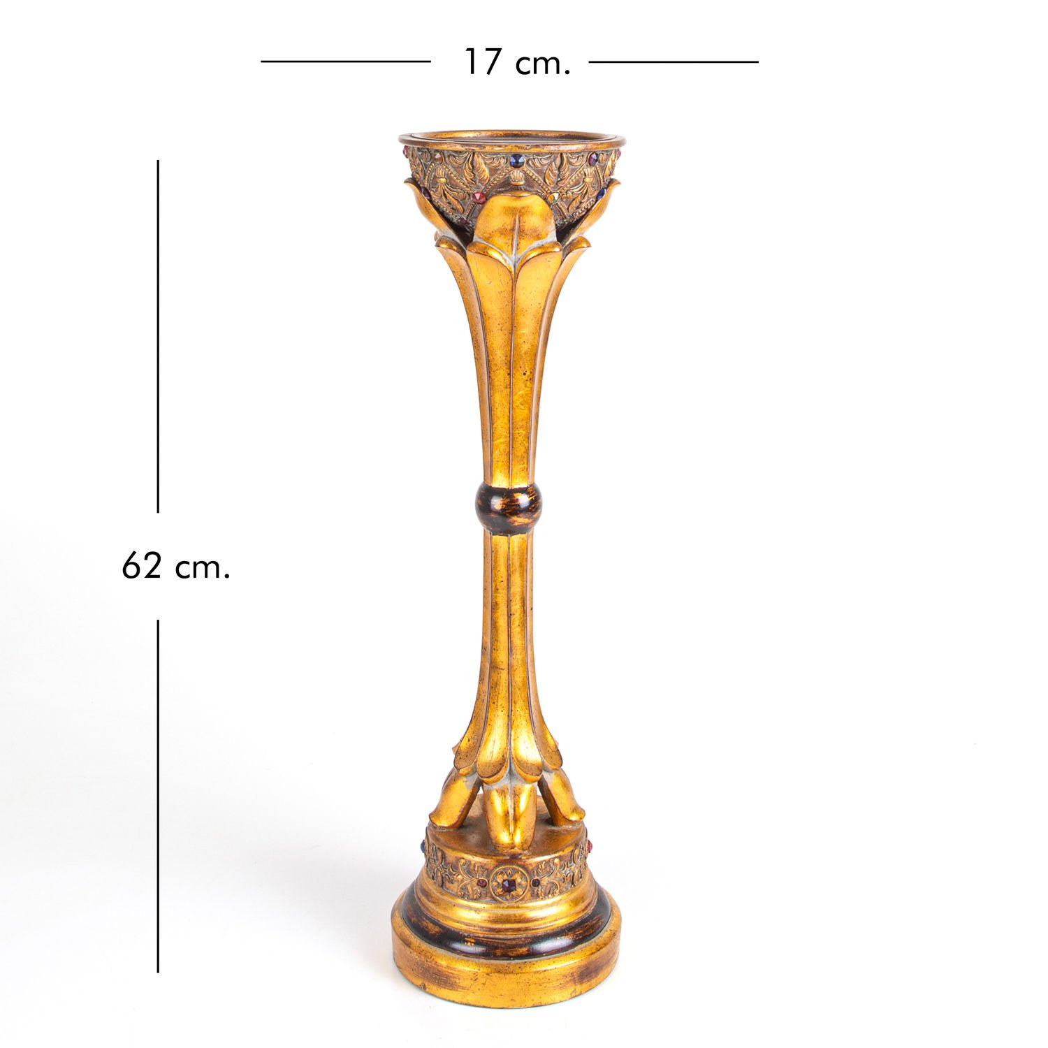 Metal Şamdan, Altın Varaklı, Taş İşlemeli, Gümüş Renk - 17x62x17 cm