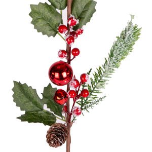Yılbaşı Çiçeği Pike Karlı Berry Kozalaklı Çanlı ve Toplu Kırmızı-Yeşil 73 Cm.